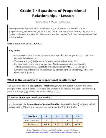 Page 1 of the Grade 7 Equations of Proportional Relationships lesson PDF