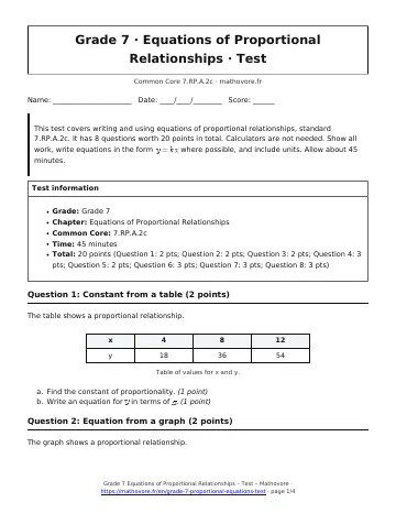 Page 1 of the Grade 7 Equations of Proportional Relationships test PDF