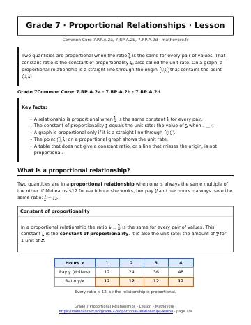 Page 1 of the Grade 7 Proportional Relationships lesson PDF