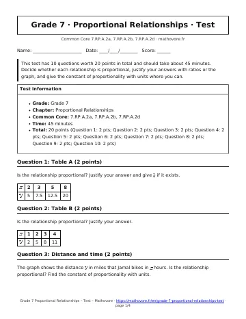 Page 1 of the Grade 7 Proportional Relationships test PDF