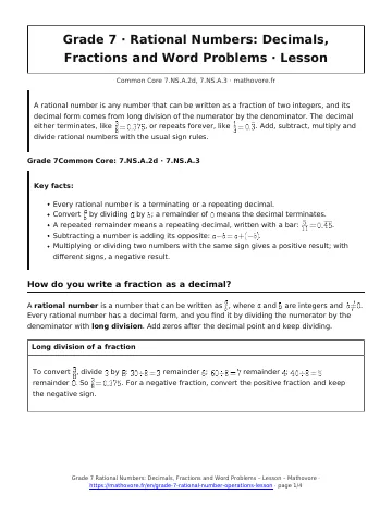 Page 1 of the Grade 7 Rational Numbers: Decimals, Fractions and Word Problems lesson PDF