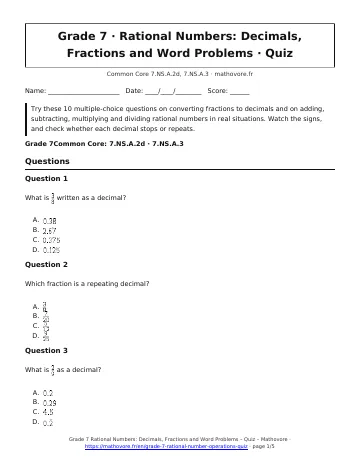 Page 1 of the Grade 7 Rational Numbers: Decimals, Fractions and Word Problems quiz PDF