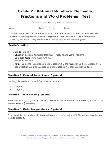Page 1 of the Grade 7 Rational Numbers: Decimals, Fractions and Word Problems test PDF