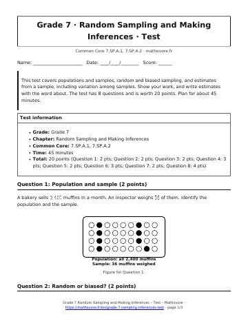Page 1 of the Grade 7 Random Sampling and Making Inferences test PDF