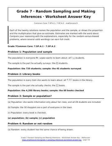 Page 1 of the Grade 7 Random Sampling and Making Inferences worksheet answer key PDF