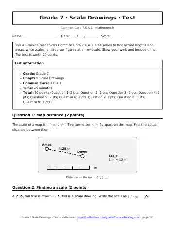 Page 1 of the Grade 7 Scale Drawings test PDF