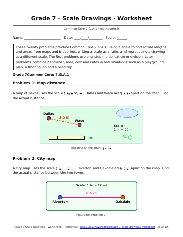 Page 1 of the Grade 7 Scale Drawings worksheet PDF