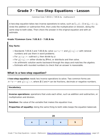 Page 1 of the Grade 7 Two-Step Equations lesson PDF