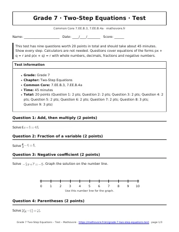 Page 1 of the Grade 7 Two-Step Equations test PDF