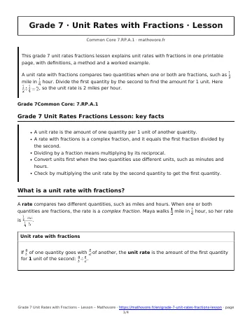 Page 1 of the Grade 7 Unit Rates with Fractions lesson PDF