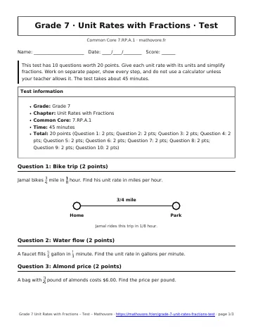 Page 1 of the Grade 7 Unit Rates with Fractions test PDF