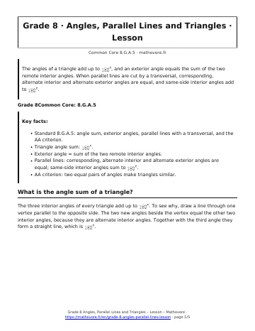 Page 1 of the Grade 8 Angles, Parallel Lines and Triangles lesson PDF