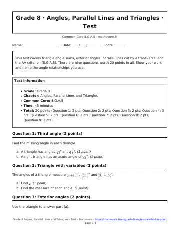 Page 1 of the Grade 8 Angles, Parallel Lines and Triangles test PDF