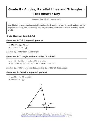 Page 1 of the Grade 8 Angles, Parallel Lines and Triangles test answer key PDF