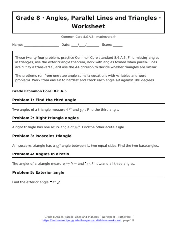 Page 1 of the Grade 8 Angles, Parallel Lines and Triangles worksheet PDF