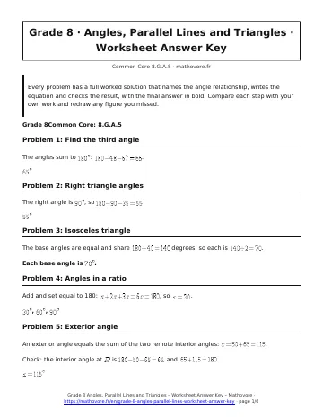 Page 1 of the Grade 8 Angles, Parallel Lines and Triangles worksheet answer key PDF