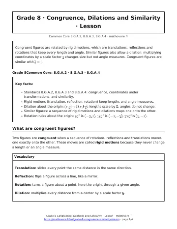 Page 1 of the Grade 8 Congruence, Dilations and Similarity lesson PDF
