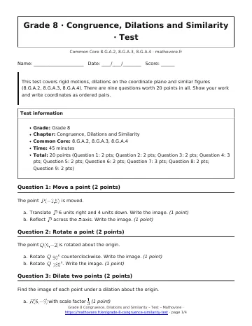 Page 1 of the Grade 8 Congruence, Dilations and Similarity test PDF