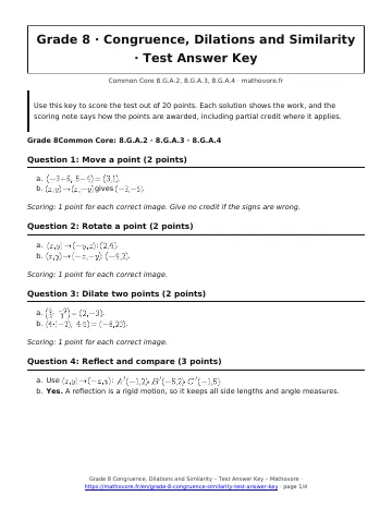 Page 1 of the Grade 8 Congruence, Dilations and Similarity test answer key PDF
