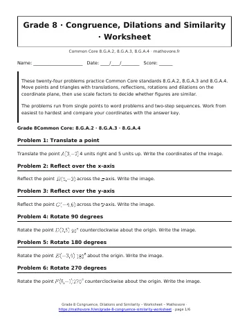 Page 1 of the Grade 8 Congruence, Dilations and Similarity worksheet PDF