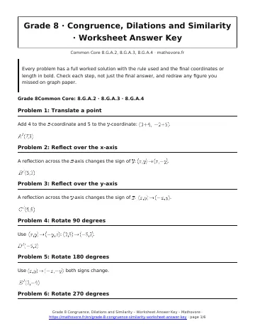 Page 1 of the Grade 8 Congruence, Dilations and Similarity worksheet answer key PDF