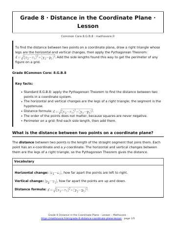 Page 1 of the Grade 8 Distance in the Coordinate Plane lesson PDF