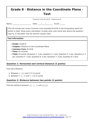 Page 1 of the Grade 8 Distance in the Coordinate Plane test PDF