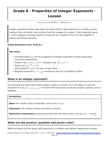 Page 1 of the Grade 8 Properties of Integer Exponents lesson PDF