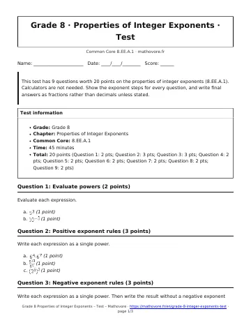 Page 1 of the Grade 8 Properties of Integer Exponents test PDF