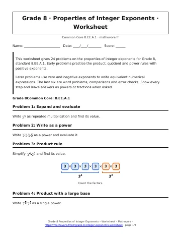 Page 1 of the Grade 8 Properties of Integer Exponents worksheet PDF