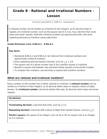 Page 1 of the Grade 8 Rational and Irrational Numbers lesson PDF