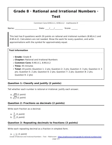 Page 1 of the Grade 8 Rational and Irrational Numbers test PDF