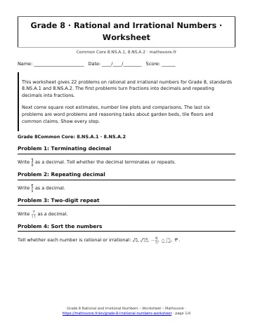 Page 1 of the Grade 8 Rational and Irrational Numbers worksheet PDF