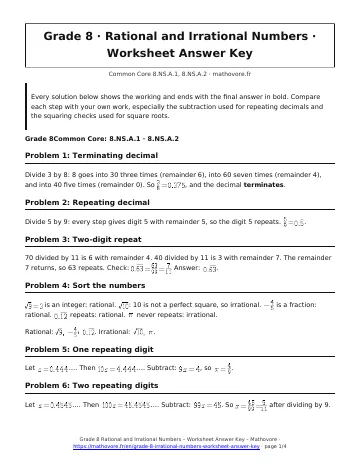 Page 1 of the Grade 8 Rational and Irrational Numbers worksheet answer key PDF