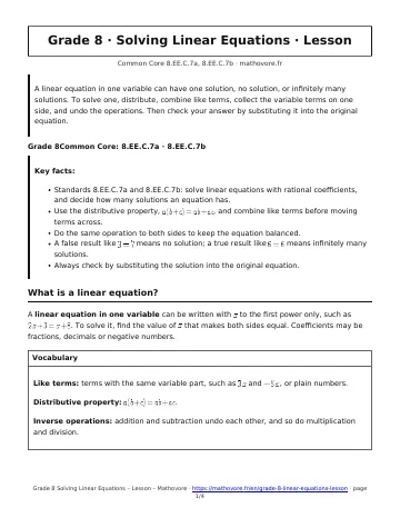 Page 1 of the Grade 8 Solving Linear Equations lesson PDF