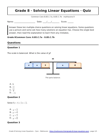Page 1 of the Grade 8 Solving Linear Equations quiz PDF
