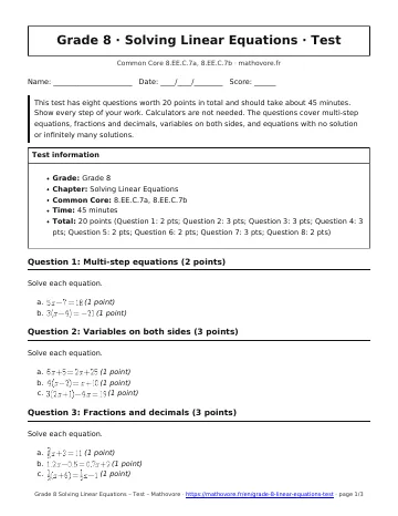 Page 1 of the Grade 8 Solving Linear Equations test PDF
