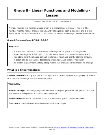 Page 1 of the Grade 8 Linear Functions and Modeling lesson PDF