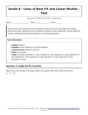Page 1 of the Grade 8 Lines of Best Fit and Linear Models test PDF