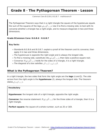 Page 1 of the Grade 8 The Pythagorean Theorem lesson PDF