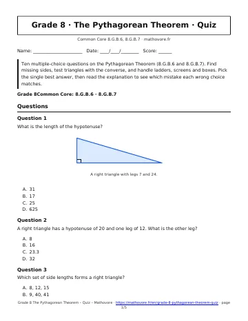 Page 1 of the Grade 8 The Pythagorean Theorem quiz PDF