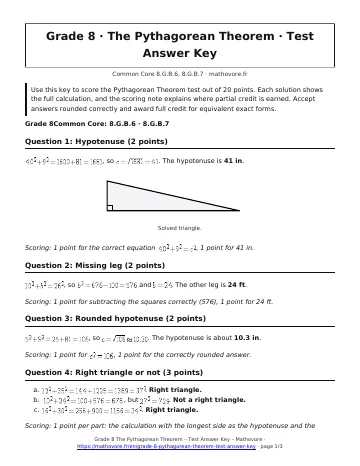 Page 1 of the Grade 8 The Pythagorean Theorem test answer key PDF