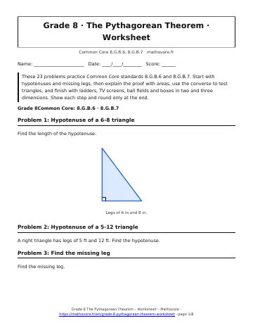 Page 1 of the Grade 8 The Pythagorean Theorem worksheet PDF