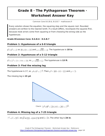 Page 1 of the Grade 8 The Pythagorean Theorem worksheet answer key PDF
