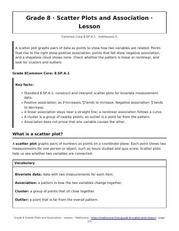 Page 1 of the Grade 8 Scatter Plots and Association lesson PDF