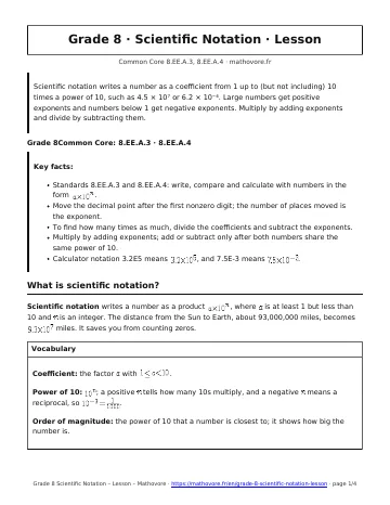 Page 1 of the Grade 8 Scientific Notation lesson PDF