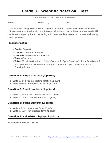 Page 1 of the Grade 8 Scientific Notation test PDF