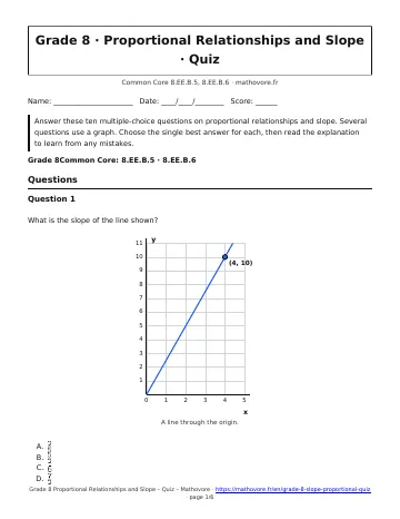 Page 1 of the Grade 8 Proportional Relationships and Slope quiz PDF