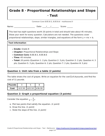 Page 1 of the Grade 8 Proportional Relationships and Slope test PDF