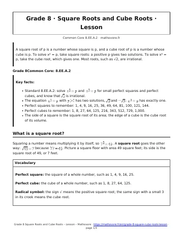 Page 1 of the Grade 8 Square Roots and Cube Roots lesson PDF